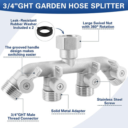 4 Way Garden Hose Splitter, 304 Stainless Steel Outdoor Faucet Splitter with 4 Individual Shut Off Valves, 3/4" GHT High Flow Hose Bib Spigot Connector