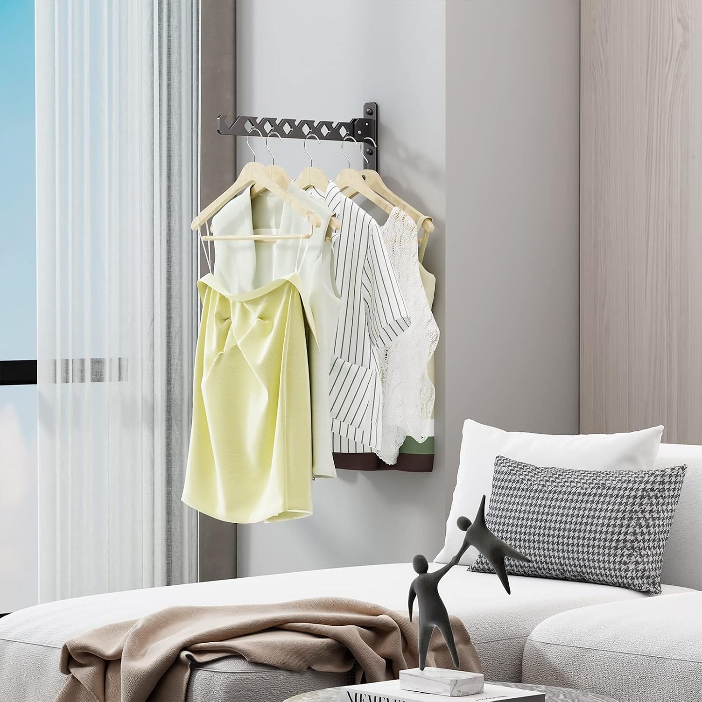 Wall Mounted Clothes Drying Rack, Wall Clothes Hanger Foldable, Laundry Hanger Hook for Bathroom, Wall Clothes Rack Indoor, Perfect for Small Spaces, White