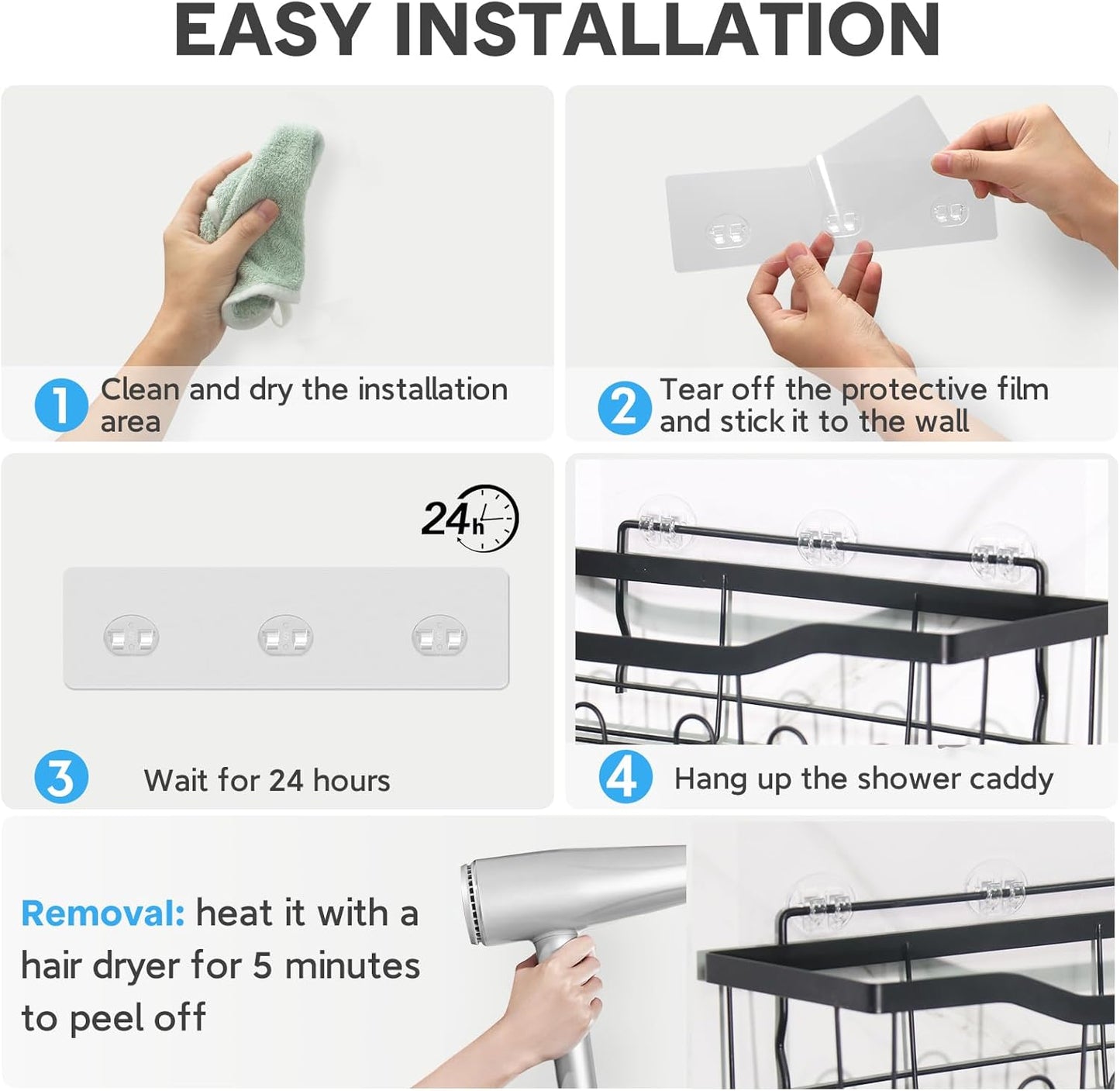 14 Pack Shower Caddy Adhesive Replacement, Transparent Strong Adhesive Hooks, No Drilling, Waterproof Wall Hooks for Shower Caddy, Bathroom Storage Shelves and Kitchen Racks