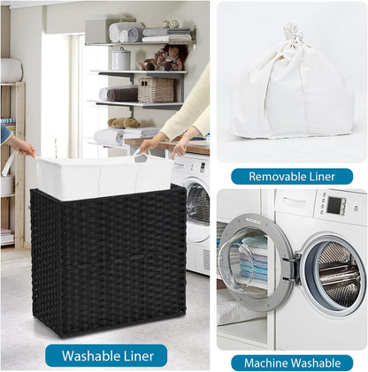 GOFLAME Laundry Hamper with Lid and Wheels, 125L Hand Woven Rattan Laundry Basket with 3 Divided Sections, Handles, 2 Removable and Washable Liner Bags, Dirty Clothes Hamper for Bedroom (Natural)