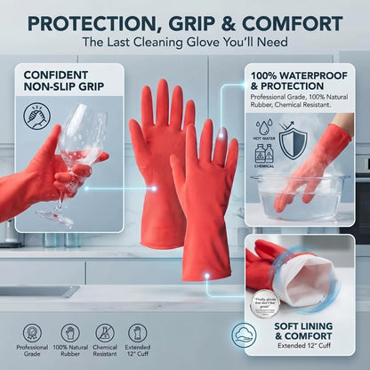 ForPro Natural Rubber Gloves, 6 Pairs Reusable Multi-Purpose Household Cleaning Gloves with Soft Inner Lining, Waterproof & Chemical-Resistant, Wild Cherry, Small