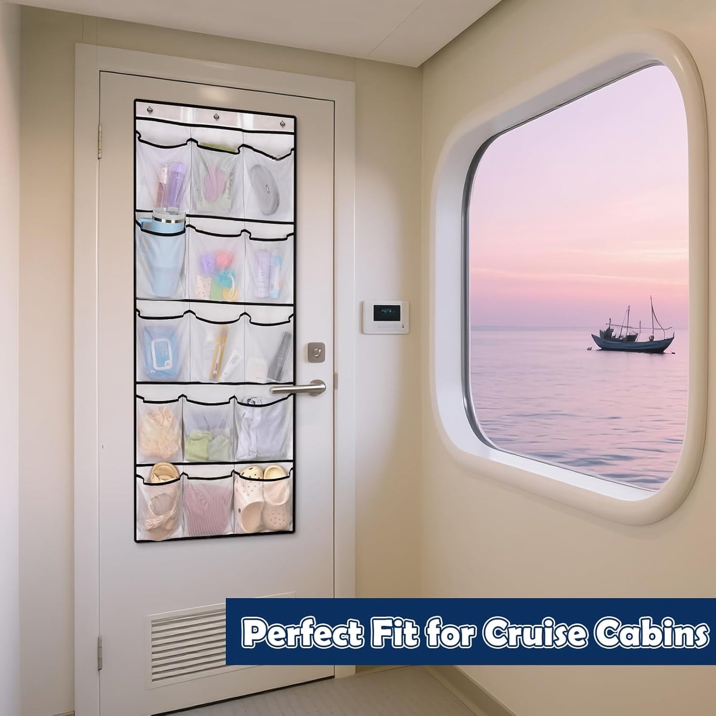 Over The Door Cruise Ship Organizer - Cruise Ship Magnetic Door Organizer with 15 Size-Graded Pockets, Hanging Magnetic Cruise Storage Shoe Rack for Cabin, 2026 Cruise Essential, 9 Hooks(White)
