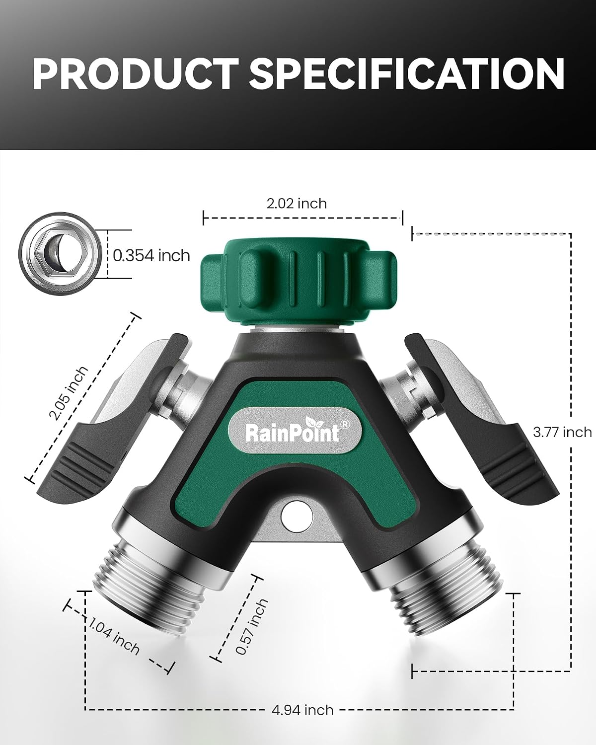 RAINPOINT Garden Hose Splitter 2 Way, All Metal Heavy Duty Water Hose Y Splitter With 2.05" Extra Long Side Handle & Shut Off Valves, 3/4 Inch GHT Thread Connector For Outdoor Spigot Faucet (Green)