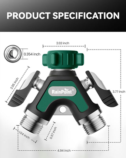 RAINPOINT Garden Hose Splitter 2 Way, All Metal Heavy Duty Water Hose Y Splitter With 2.05" Extra Long Side Handle & Shut Off Valves, 3/4 Inch GHT Thread Connector For Outdoor Spigot Faucet (Green)
