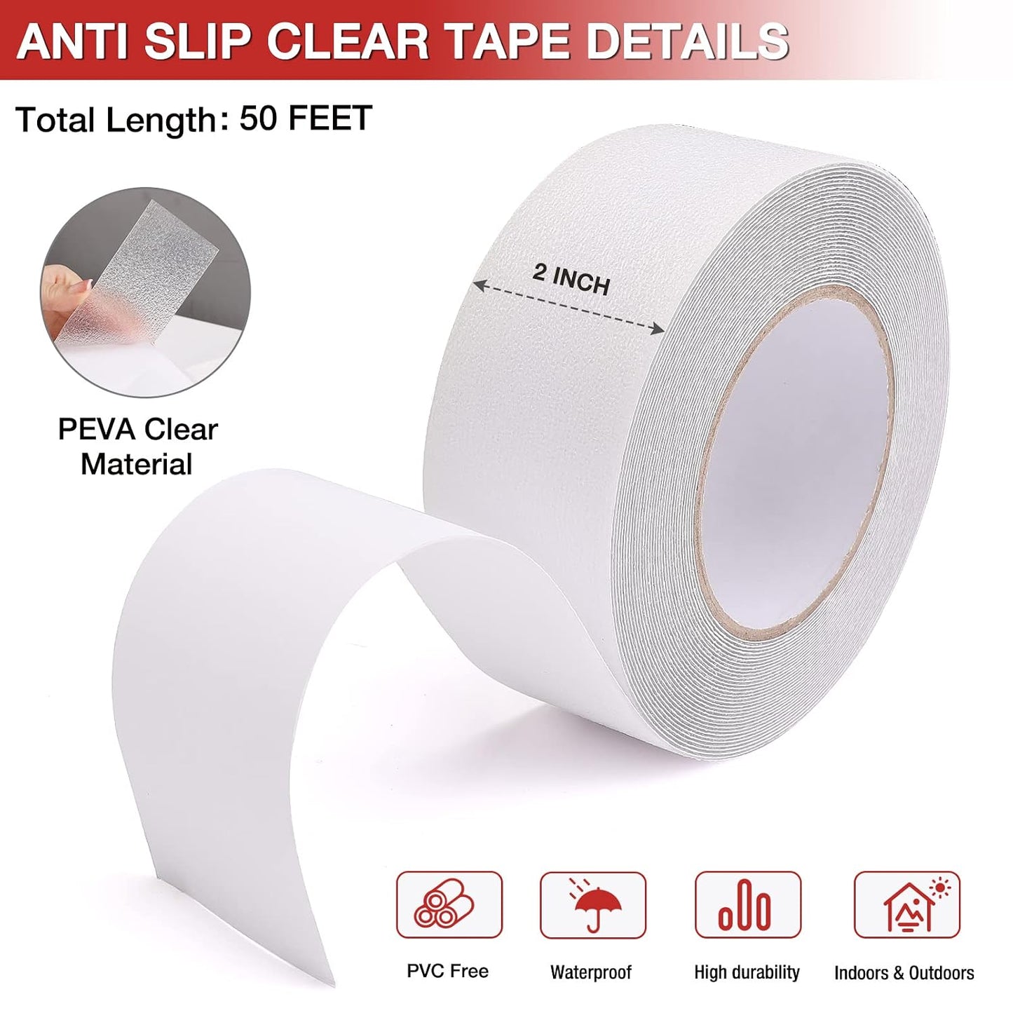 Clear Anti Slip Tape, 2 Inch × 50 Feet Waterproof Grip Tape, Strong Traction Safety Tape for Stairs, Outdoor/Indoor Use (Transparent)
