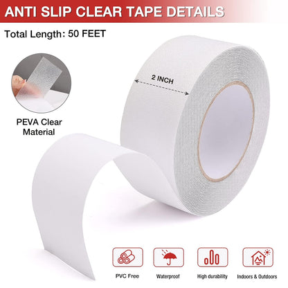 Clear Anti Slip Tape, 2 Inch × 50 Feet Waterproof Grip Tape, Strong Traction Safety Tape for Stairs, Outdoor/Indoor Use (Transparent)