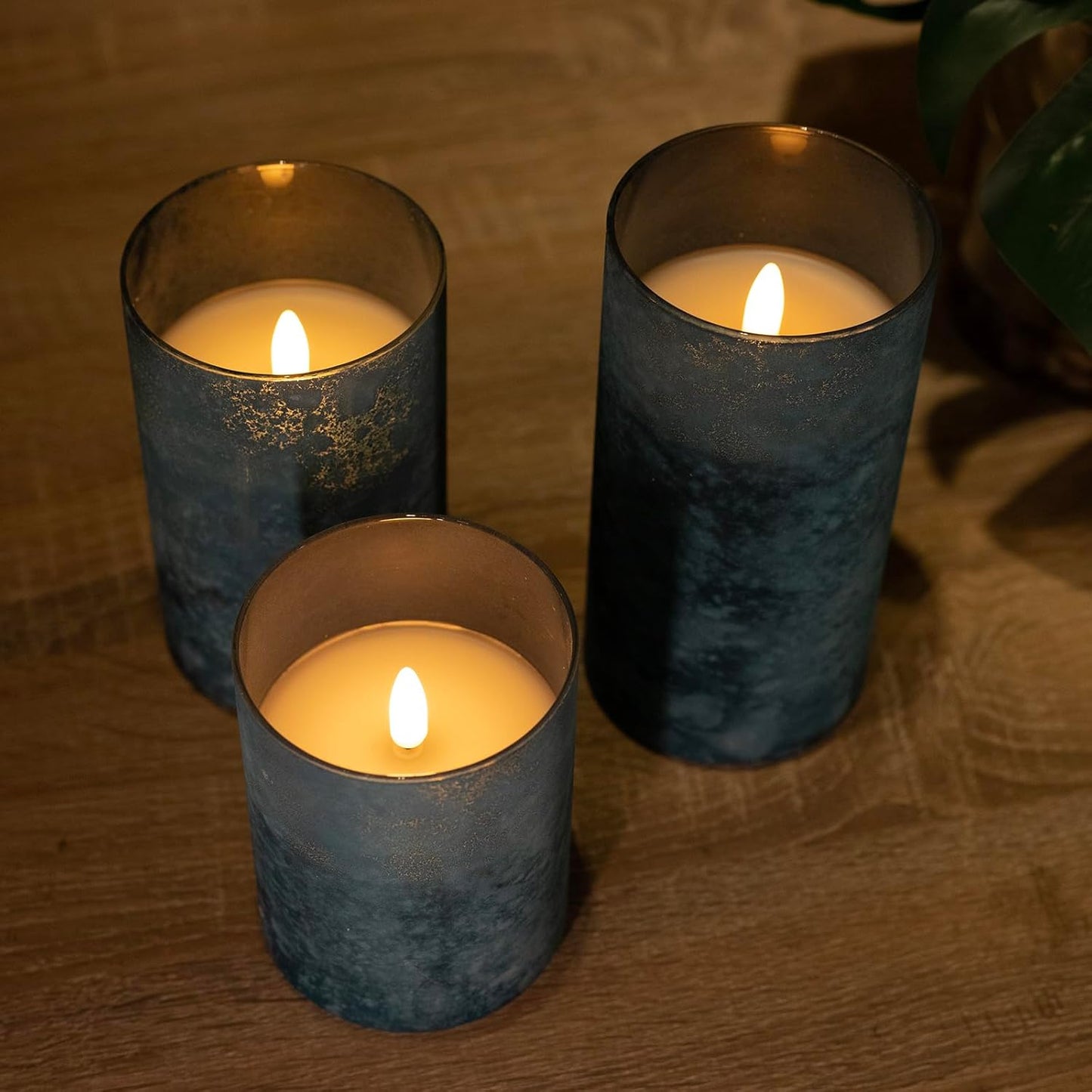 Blue Flameless Candles with Remote, Real Wax Glass Battery Operated Candles with Timer, LED Pillar Candle for Bedroom Home Wedding Birthday Party Fall Halloween Christmas Decorations, Set of 3