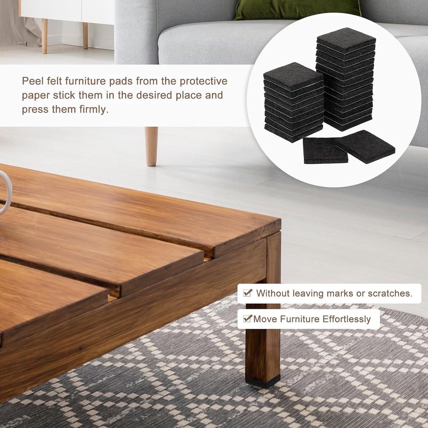 uxcell Furniture Pads, 24Pcs 1.5" - Square Self Adhesive Felt Furniture Pads, Floor Protectors for Furniture Feet Chairs Legs Hardwood Floors (Black)
