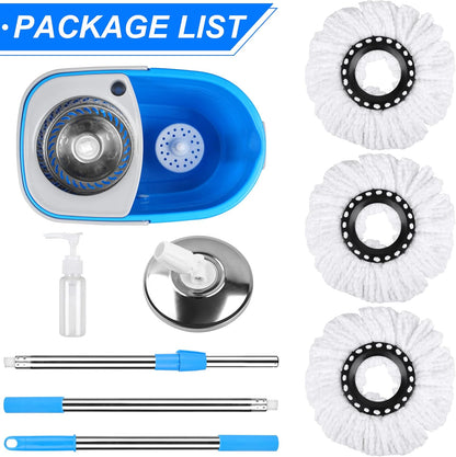Spin Mop and Bucket with Wringer Set, 360° Spinning Mop Bucket System with 3 Microfiber Mop Replacement Heads and 61" Stainless Steel Adjustable Handle for Floor Cleaning