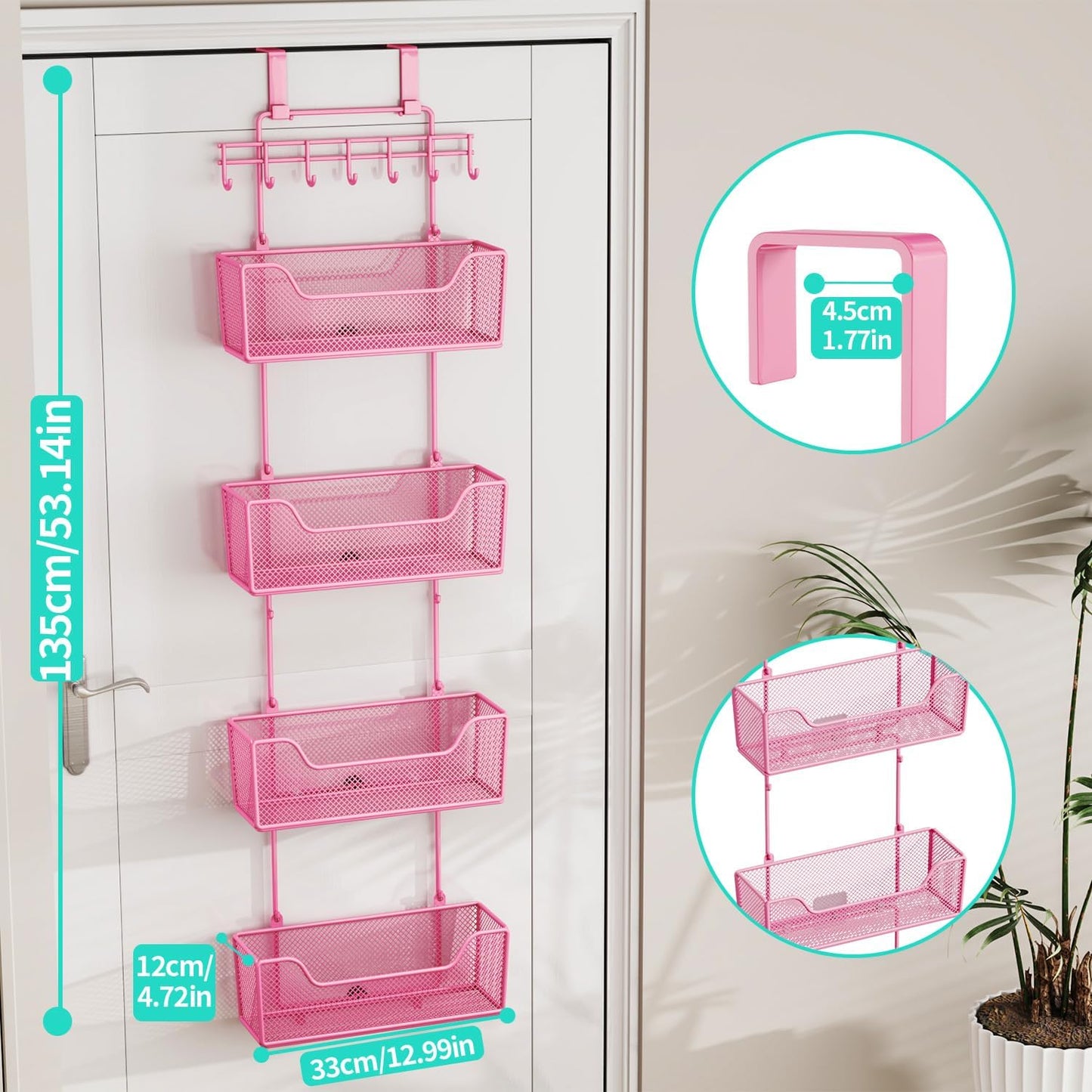 HapiRm Over The Door Organizer - Hanging Door Organizer with 4 Metal Large Capacity Baskets and Adjustable Coat Hook for Bathroom Bedroom Kitchen Pantry Closet Cabinet