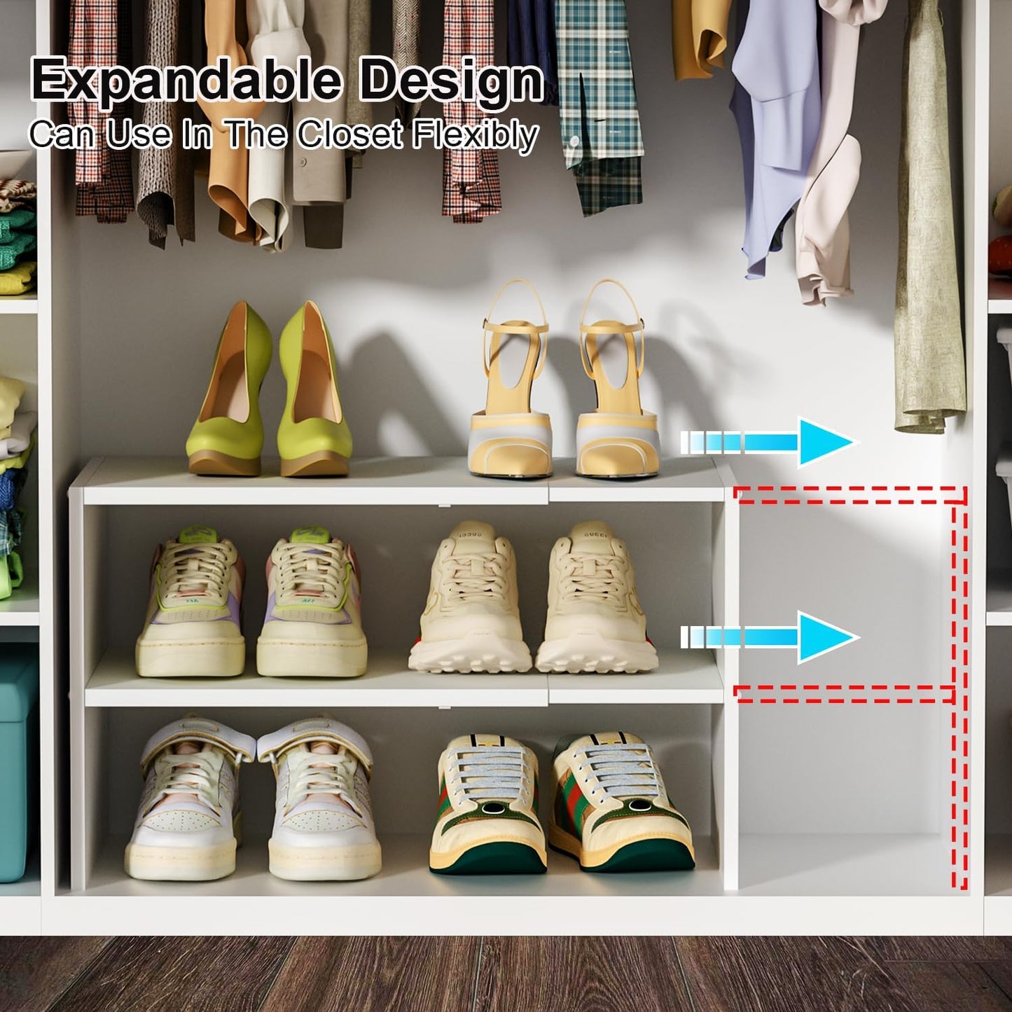 White Shoe Rack Organizer for Closet, 2-Tier Expandable Shoe Shelf, Stackable Iron Wood Combination Small Shoe Racks Shelves for Closets, Entryway,Small Space,Hallway,Bedroom,Bathroom,6-12 Pairs