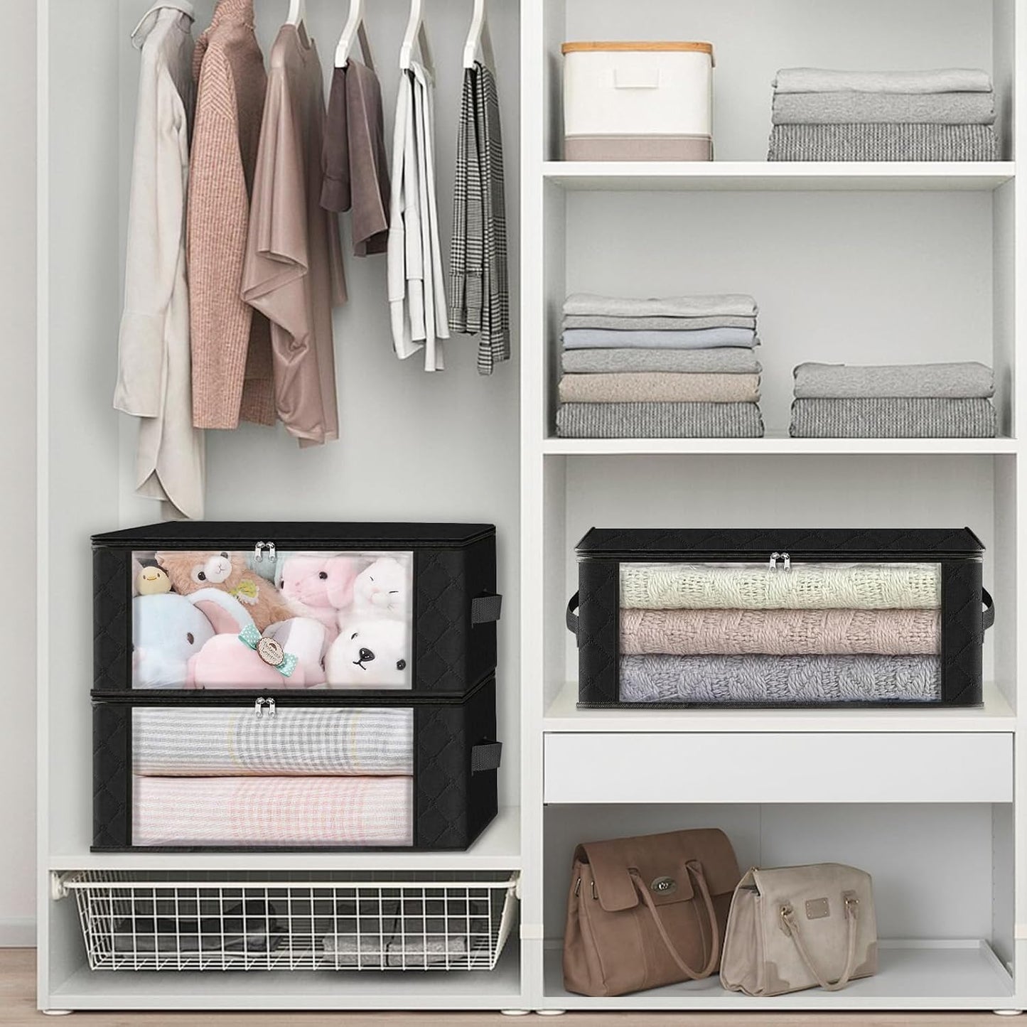 HomeHacks Storage 3-Pack Clothes Organizer Storage Bags Foldable Storage Box with Large Clear Window Sturdy Handles for Closet, Dorm, Pillows, Bedding, Clothes, Blankets, 35L, Gray