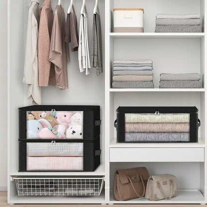 HomeHacks Storage 3-Pack Clothes Organizer Storage Bags Foldable Storage Box with Large Clear Window Sturdy Handles for Closet, Dorm, Pillows, Bedding, Clothes, Blankets, 35L, Gray