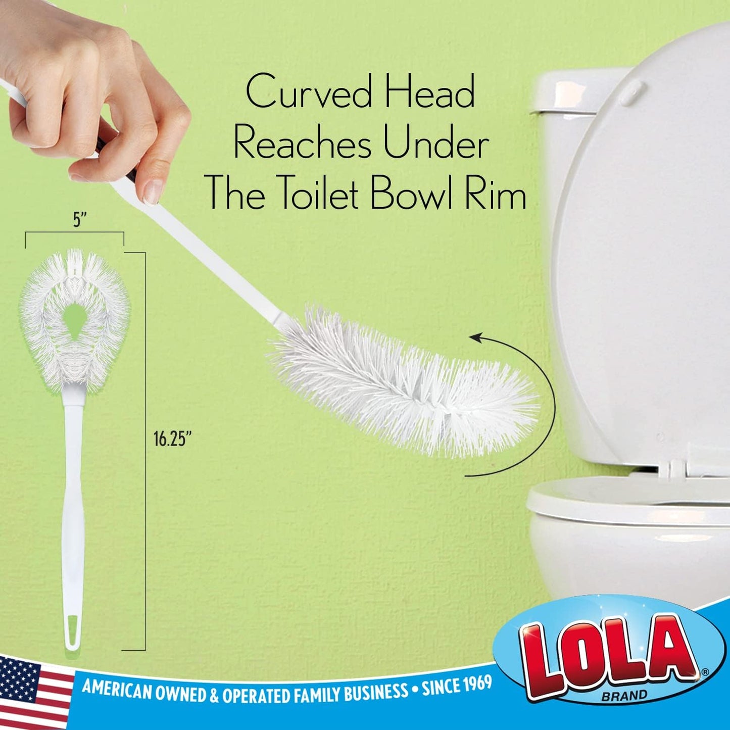 LOLA Toilet Bowl Brush w/Curved Head, Coated Wire, Durable Poly Bristles, Reaches Under Toilet Bowl Rim, 1 Pack