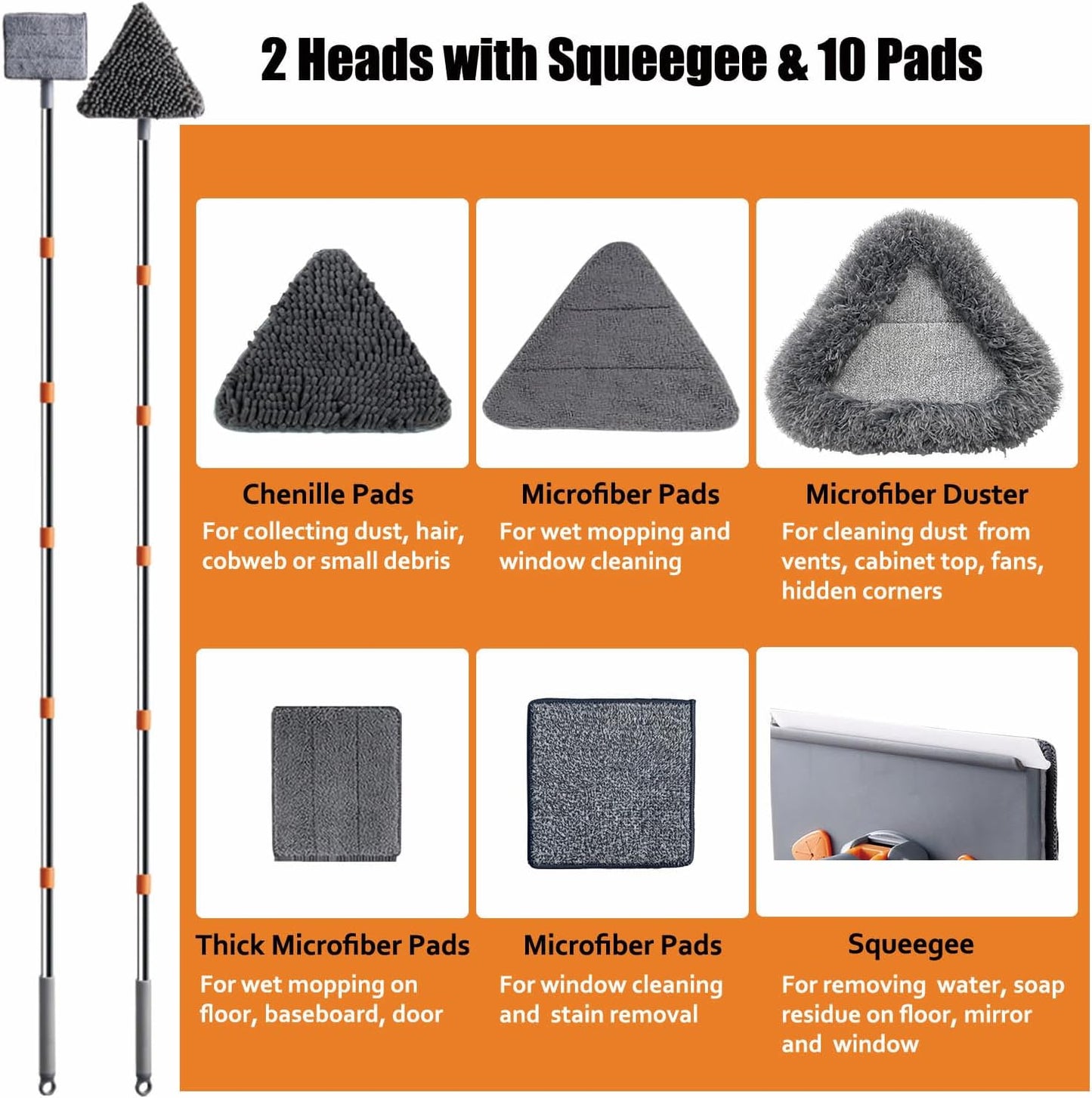 Wall Cleaner Mop with 98" Long Handle, Baseboard Cleaner Tool for Cleaning Ceilings, Windows, Corners, Vents, 2-in-1 Triangle & Rectangle Head with Squeegee, 10 Washable Pads