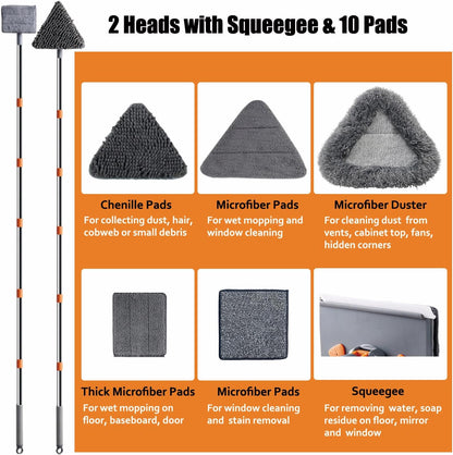 Wall Cleaner Mop with 98" Long Handle, Baseboard Cleaner Tool for Cleaning Ceilings, Windows, Corners, Vents, 2-in-1 Triangle & Rectangle Head with Squeegee, 10 Washable Pads