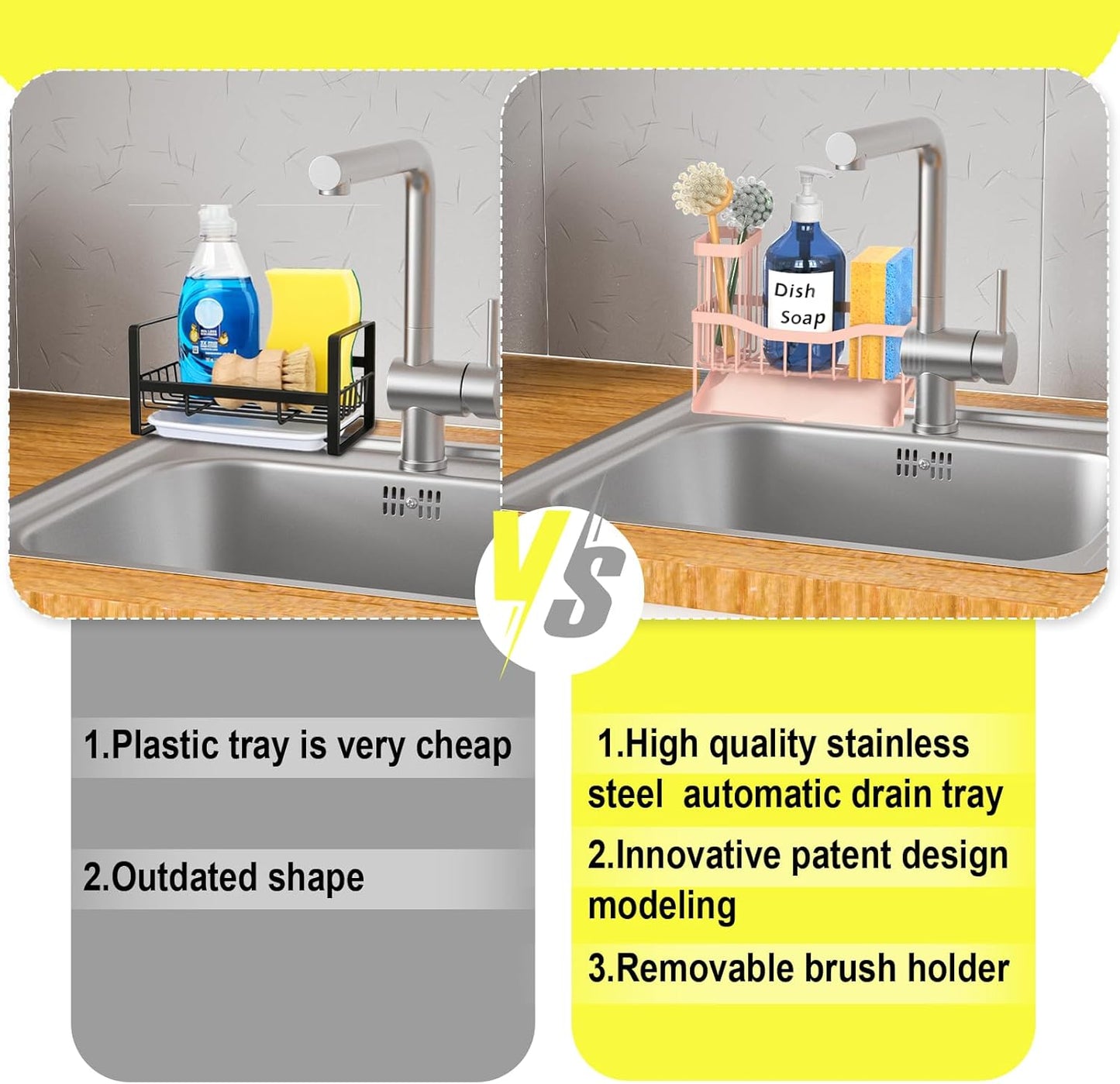 Maifan Sink Caddy Sponge Holder for Kitchen with Brush Holder and Stainless Steel Self Drain Tray, Rustproof Kitchen Sink Organizer for Sponge, Soap Dispenser Storage Accessories (Lacquer Silver)