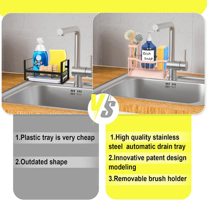 Maifan Sink Caddy Sponge Holder for Kitchen with Brush Holder and Stainless Steel Self Drain Tray, Rustproof Kitchen Sink Organizer for Sponge, Soap Dispenser Storage Accessories (Lacquer Silver)