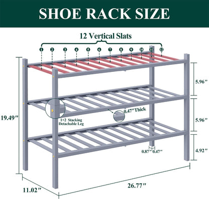 Smiry Bamboo Shoe Rack, 3 Tier Free Standing Wooden Shoe Organizer, Stackable Wood Shoe Storage Shelf for Closet, Entryway, 12 Vertical Slats, 2+1 Stack Standard Legs, 26.8"x11"x19.5", Natural