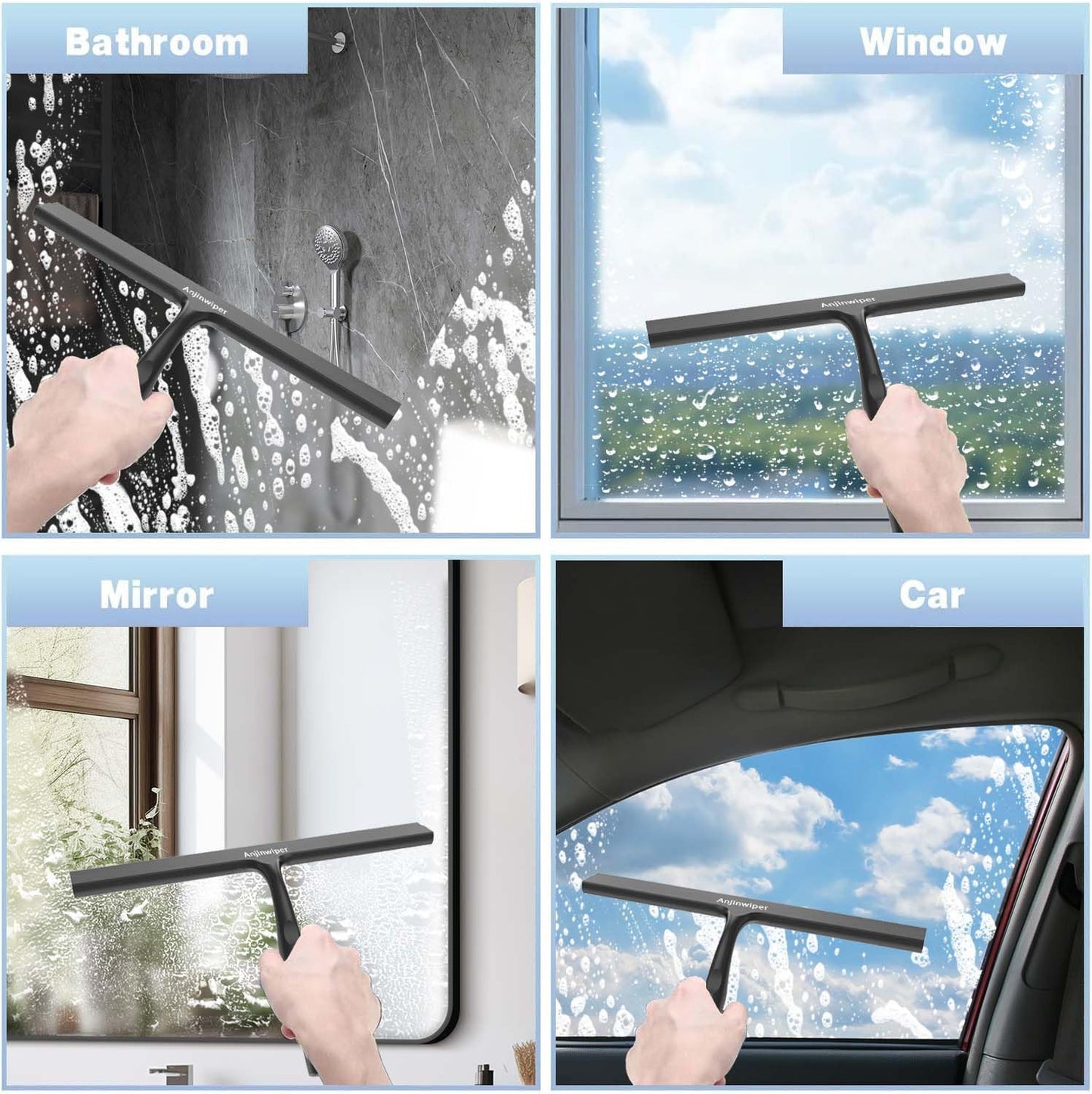 Household Squeegee for Shower Glass Doors, Silicone Shower Squeegee with Adhesive Hook, Bathroom Squeegee for Shower, Window Cleaner Tool for Glass Door, Kitchen, Tile Wall(10 inch-Black)