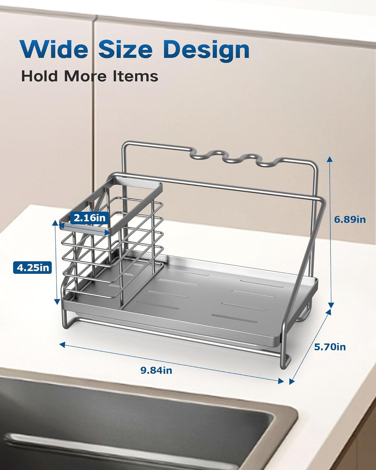 Sponge Holder for Kitchen Sink, Kitchen Sink Caddy Organizer Stainless Steel with Side Baskets, Rustproof and Non-Slip Organizer with Removable Drain Tray for Countertop Storage, Silver