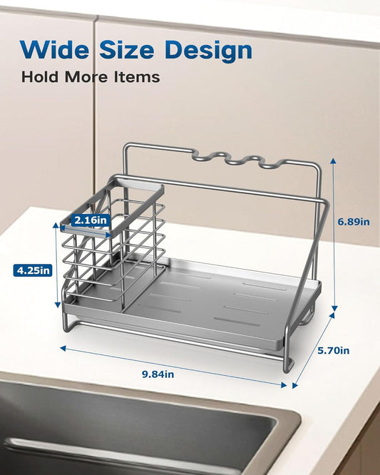 Sponge Holder for Kitchen Sink, Kitchen Sink Caddy Organizer Stainless Steel with Side Baskets, Rustproof and Non-Slip Organizer with Removable Drain Tray for Countertop Storage, Silver