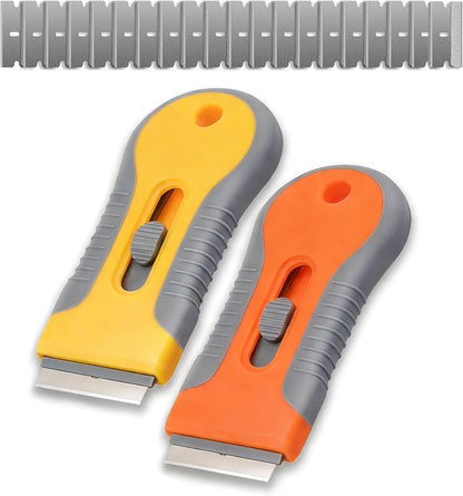 Razor Blade Scraper 2 Pack with 20 Replacement Blades, Retractable Safety Lock Glass Scraper Tool for Removing Stickers Labels Paint Adhesive from Windows Cooktop Stove Oven Door Tile, Handheld Tools
