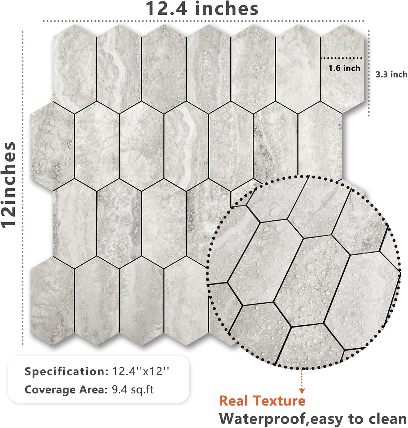 Vamos Tile Long Hexagon Peel and Stick Backsplash Tile - 10 Sheets Stick on Backsplash for Kitchen and Bathroom 12.4 x 12 Inch Glossy Wood Grain PVC Self Adhesive Mosaic Wall Tiles