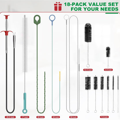 EastLink Drain Snake 18 Set: 35.5" Drain Clog Remover (x1), 30" Steel Hair Snake (x3), 30" PET Sink Snake (x3), 59" Tube Drain Brush (x2), 17" Dryer Vent Cleaner Brush (x1), Straw Cleaner Brush (x8)