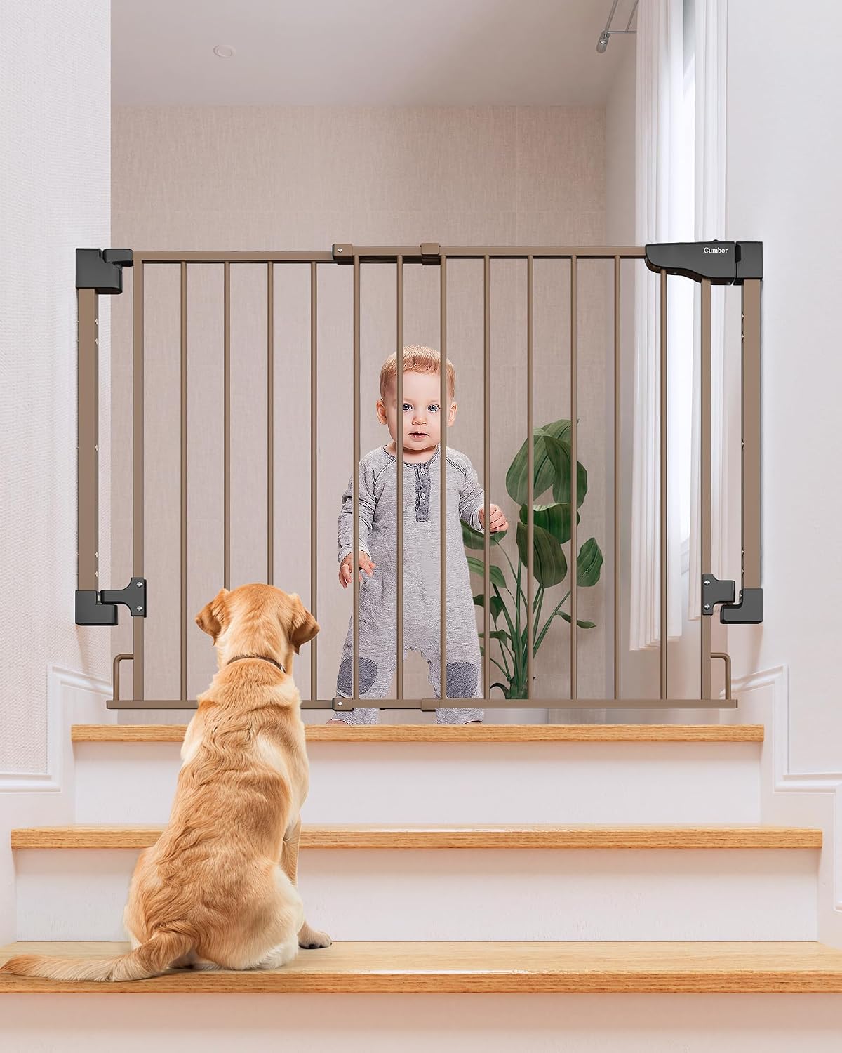 Cumbor 29.2–43" Baby Gate for Stairs, Hardware Mounted (Drill Required), Expandable No Bottom Bar Dog Gate, Auto Close Extra Wide Walk Thru, Pet & Toddler Proof Gate, Top & Bottom of Stairways (White)