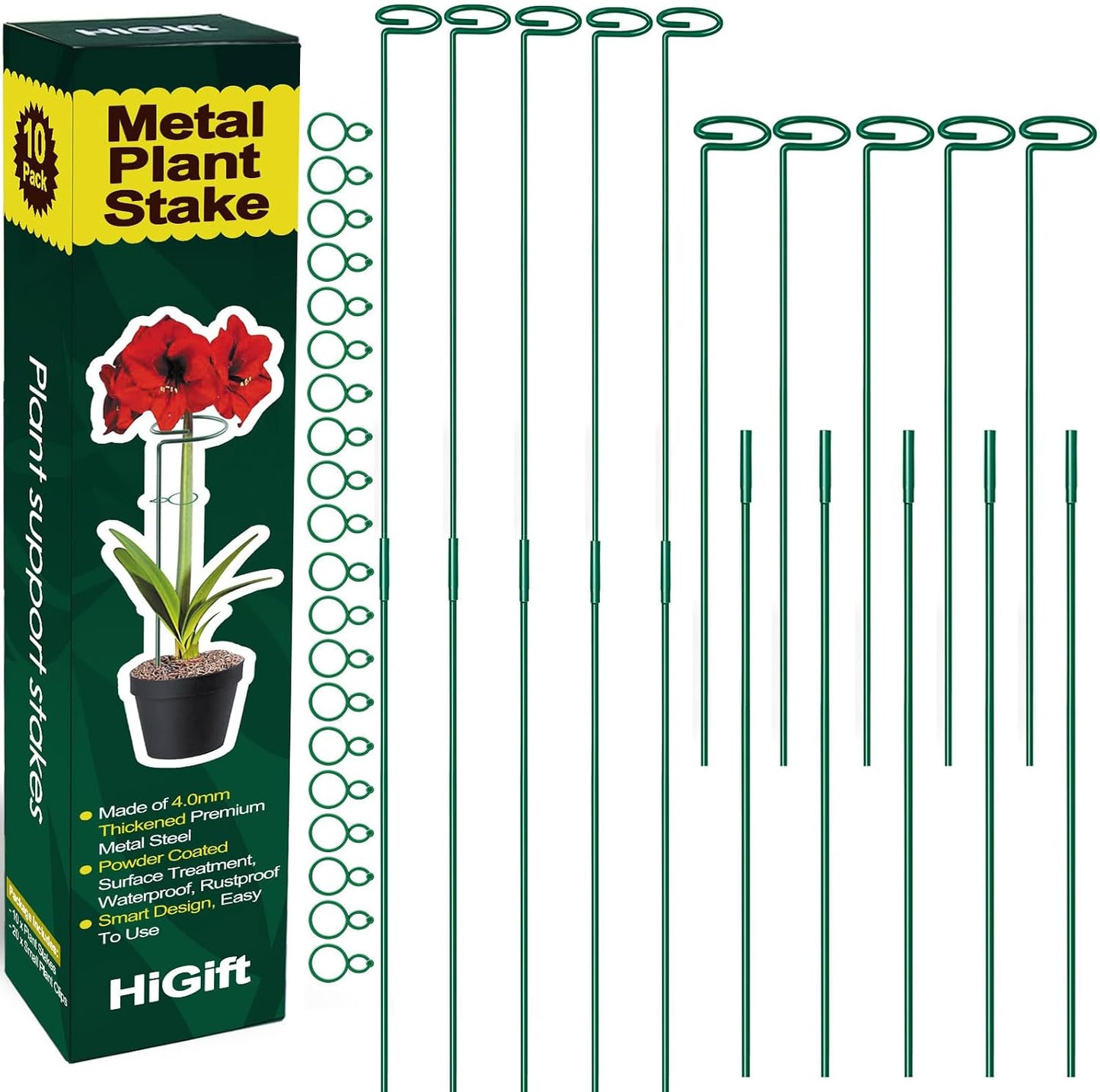 HiGift 17 inch Plant Support Stakes, 4mm Thick Garden Single Stem Flower Support Stake Amaryllis Plant Cage Support Rings with 10 pcs Plant Clips for Tomato Orchid Lily Peony Rose Flower Stem-5 Pack