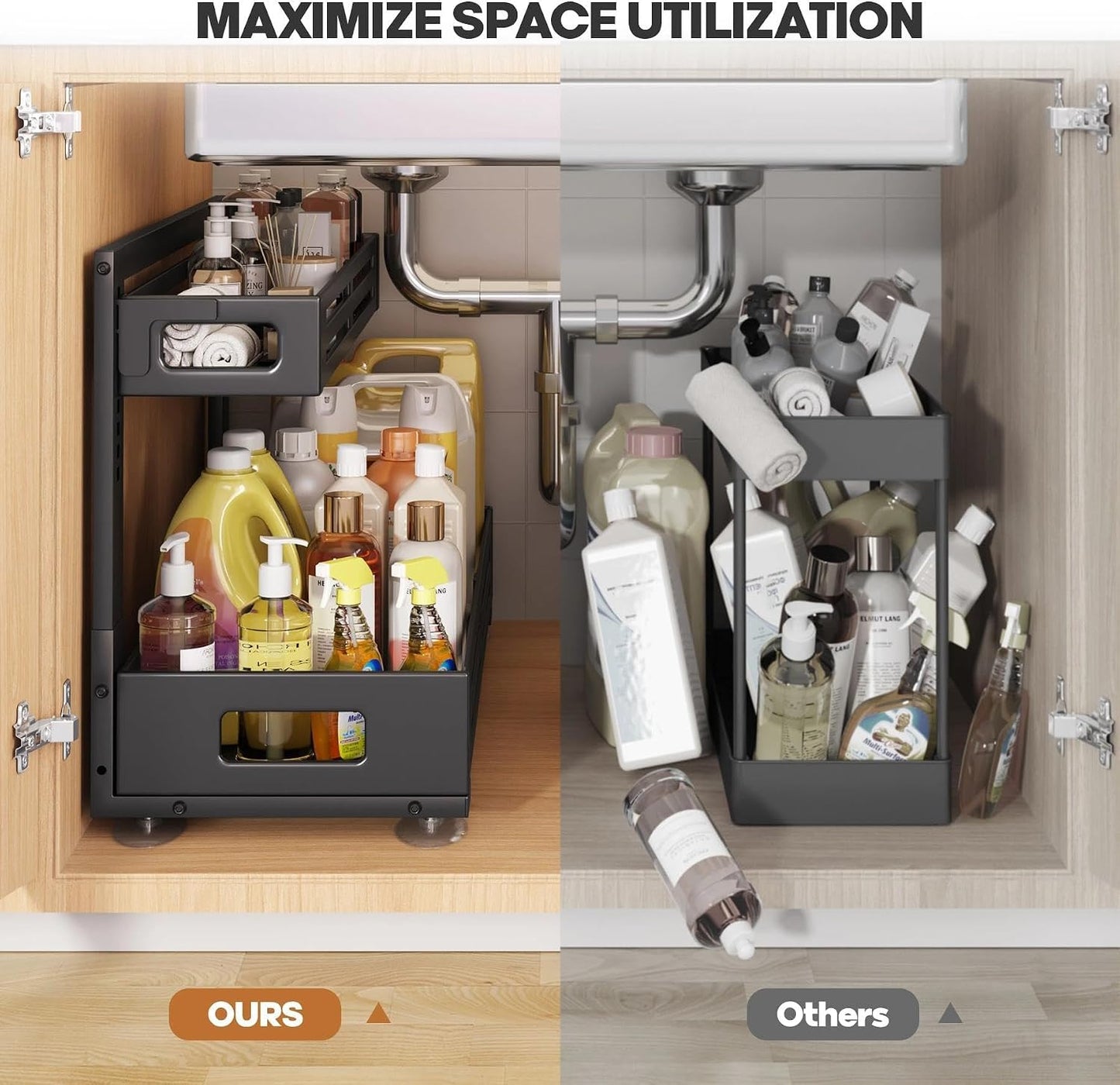 2 Pack Under Sink Organizer,Pull Out Cabinet Organizer with Smooth Cylindrical Rail,Metal Slide Out Drawer for Kitchen Bathroom Laundry Cabinet,8-Level Tool Free Height Adjustable-Black