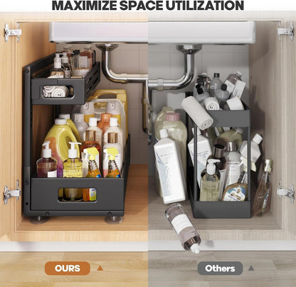 2 Pack Under Sink Organizer,Pull Out Cabinet Organizer with Smooth Cylindrical Rail,Metal Slide Out Drawer for Kitchen Bathroom Laundry Cabinet,8-Level Tool Free Height Adjustable-Black