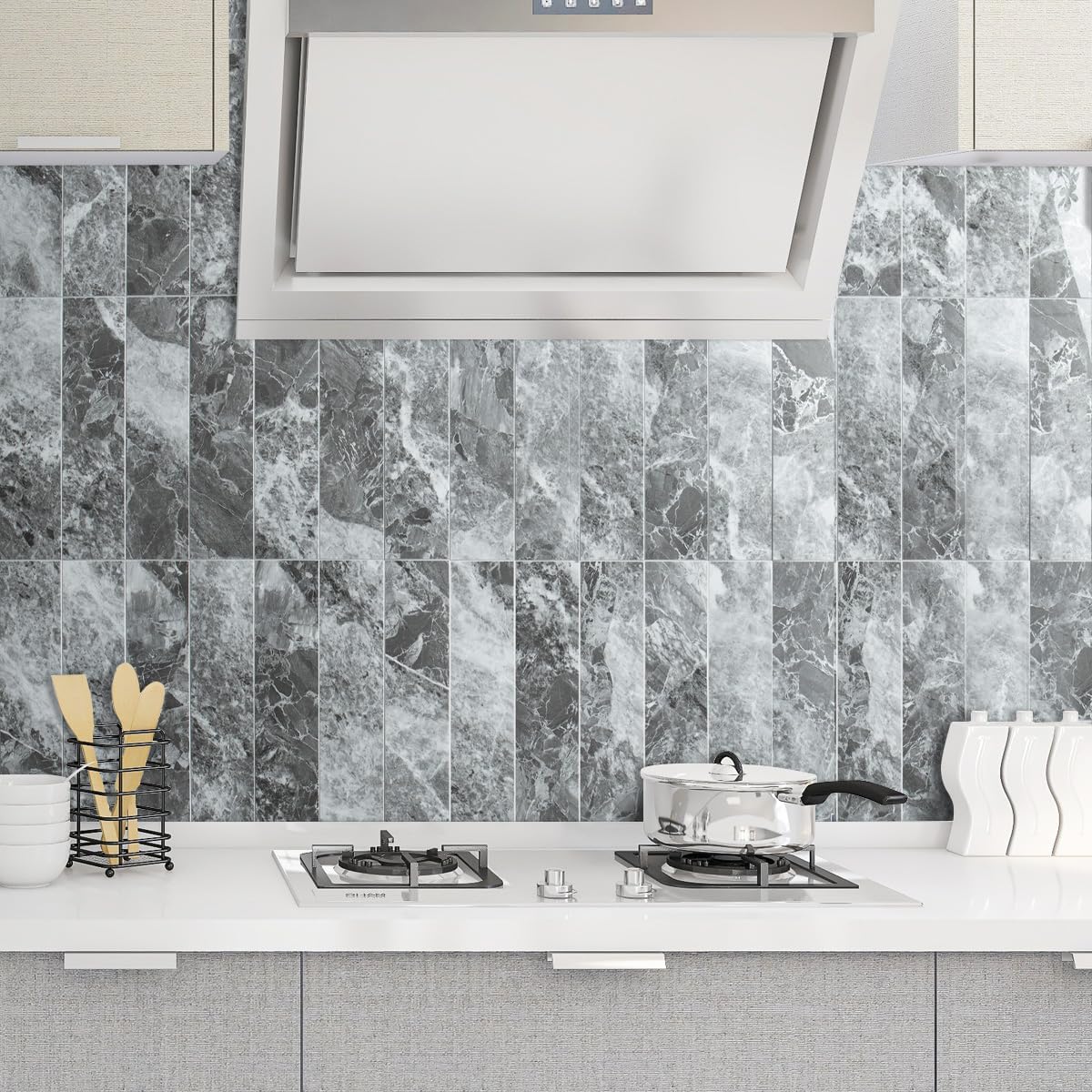 AULIGET 40-Piece Polished White Marble with Gold Peel and Stick Backsplash Wall Tiles, 3" x 12" PVC Faux Stone Stick on Tiles for Backsplash Kitchen, Bathroom, Laundry Room, Camper, Fireplace