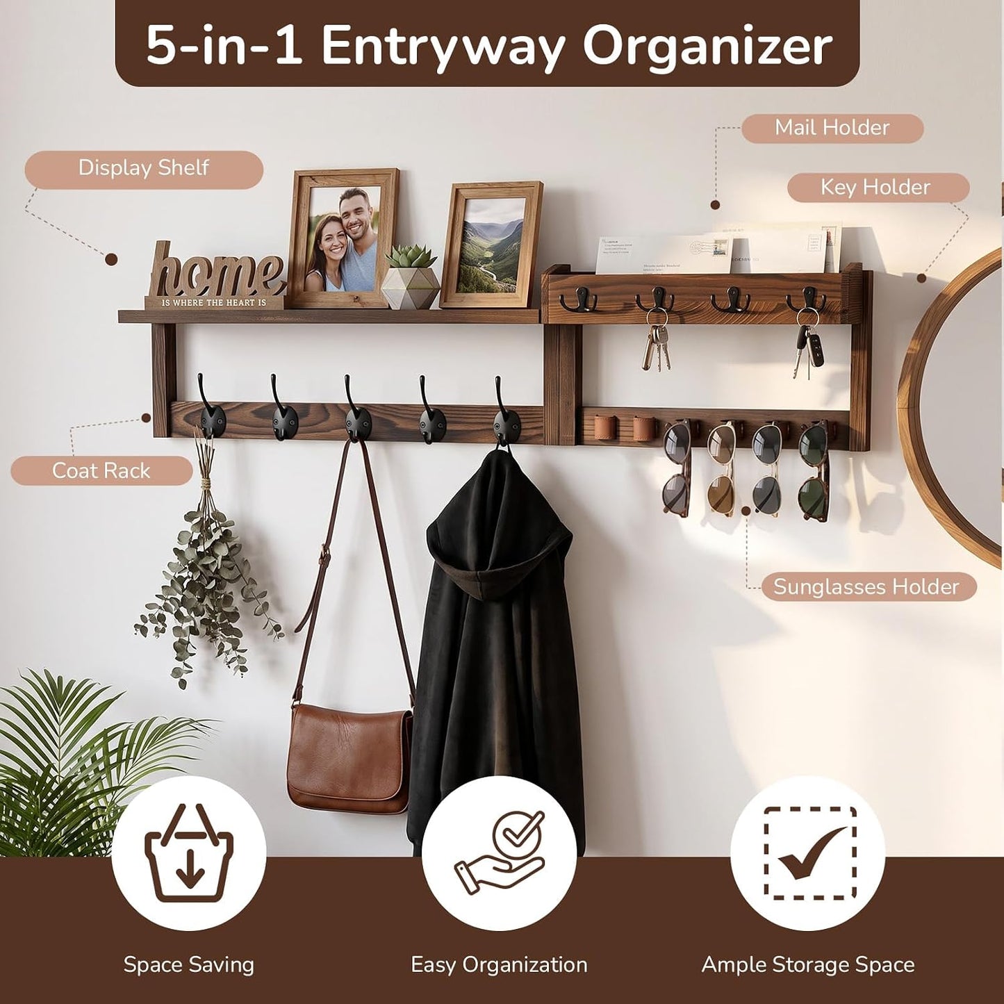 Wooden Key Holder Wall Mount with Shelf, Wall Key Rack and Mail Holder with 9 Key Hooks and 6 Sunglasses Holders, Farmhouse Key Hanger for Entryway Living Room Bedroom, Black