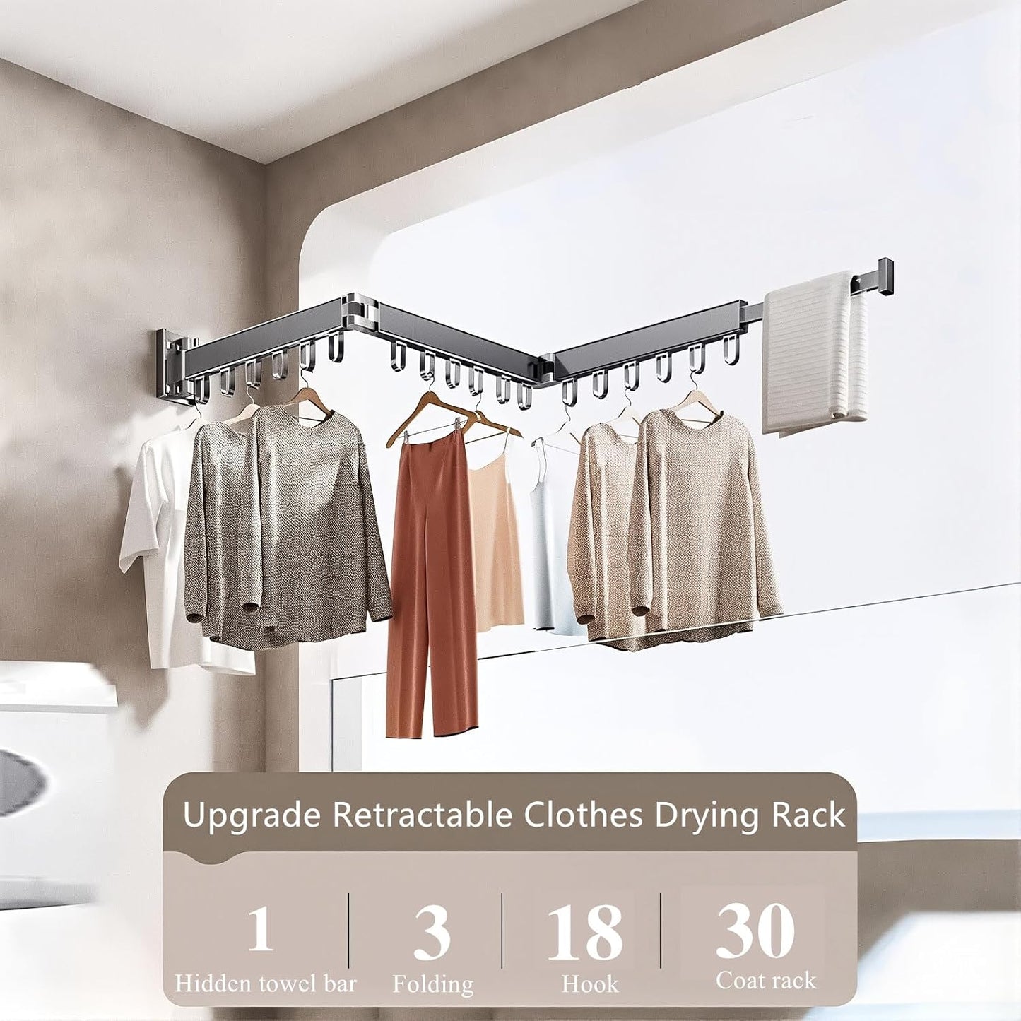 Wall Mounted Foldable Clothes Drying Rack with 18 Hooks, No-Drill, Black | Retractable with 18 Hooks, No-Drill/Drill Dual Installation, Space-Saving Aluminum, For Balcony, Bathroom, Indoor Outdoor