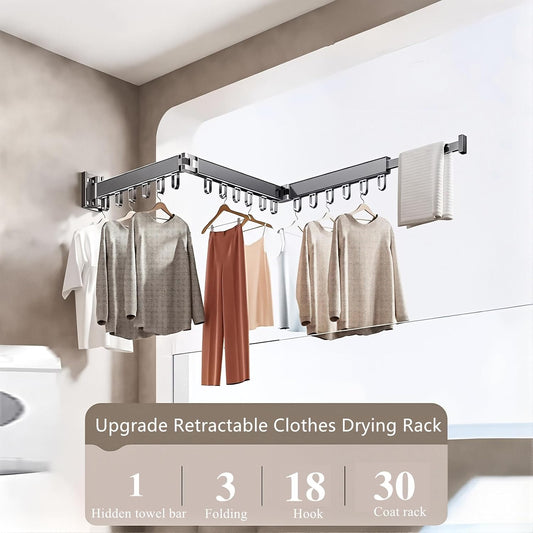 Wall Mounted Foldable Clothes Drying Rack with 18 Hooks, No-Drill, Black | Retractable with 18 Hooks, No-Drill/Drill Dual Installation, Space-Saving Aluminum, For Balcony, Bathroom, Indoor Outdoor