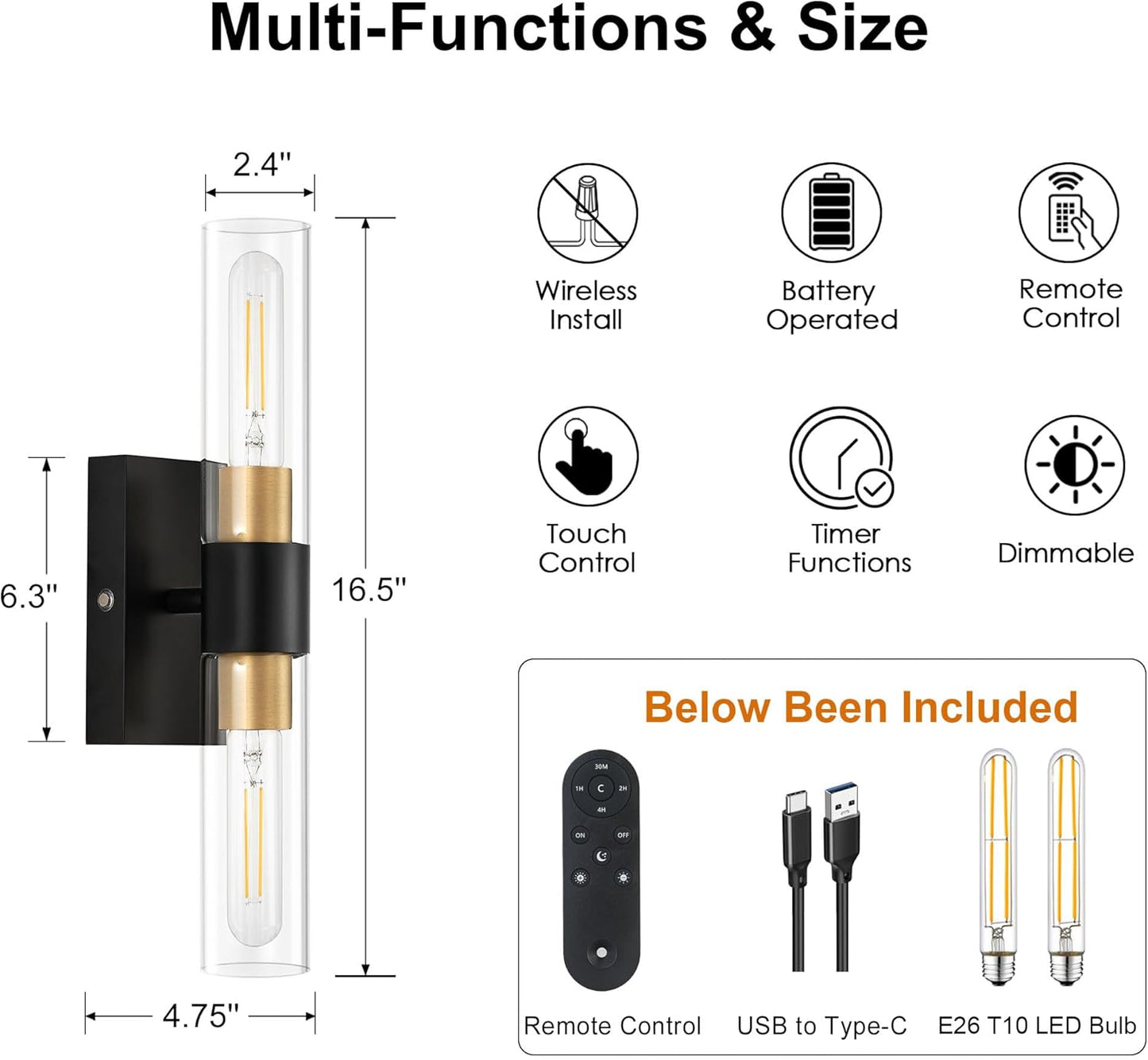 SANTOSTOCK Gold Battery Operated Wall Sconce Set of 2, 12000mAh Rechargeable Wall Lights with Remote Control, Wireless Dimmable Wall Lamps for Bedroom Living Room Bathroom Hallway Stairwell