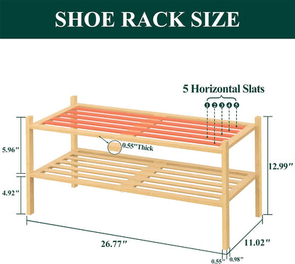 Smiry Bamboo Shoe Rack, 3 Tier Free Standing Wooden Shoe Organizer, Stackable Wood Shoe Storage Shelf for Closet, Entryway, 5 Horizontal Slats, 26.8"x11"x18.3", Natural