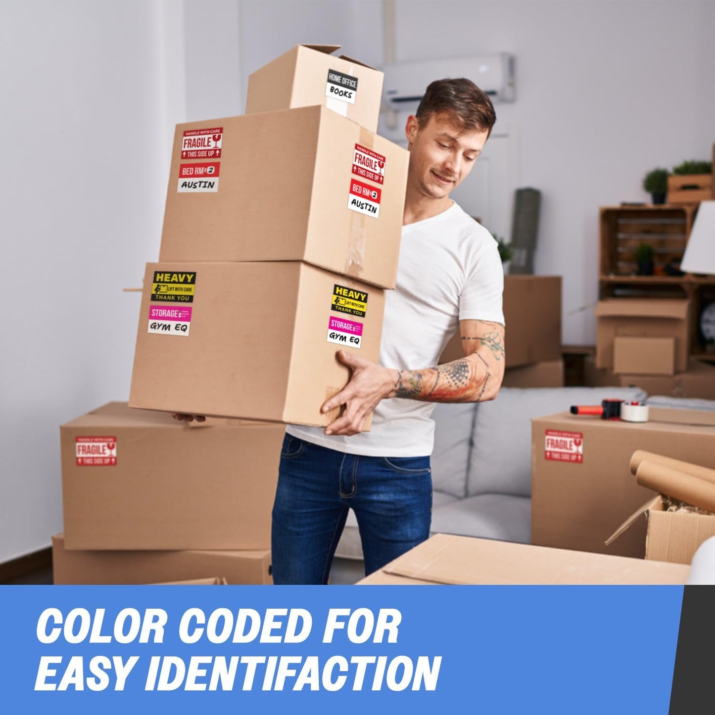 Moving Labels (3 x 2 inch, 300 per Pack) Ideal for 1-2 Bedroom Homes - 10x Designs of Color-Coded Moving Stickers w/Write-in Area, Fragile, Heavy & Blank Labels