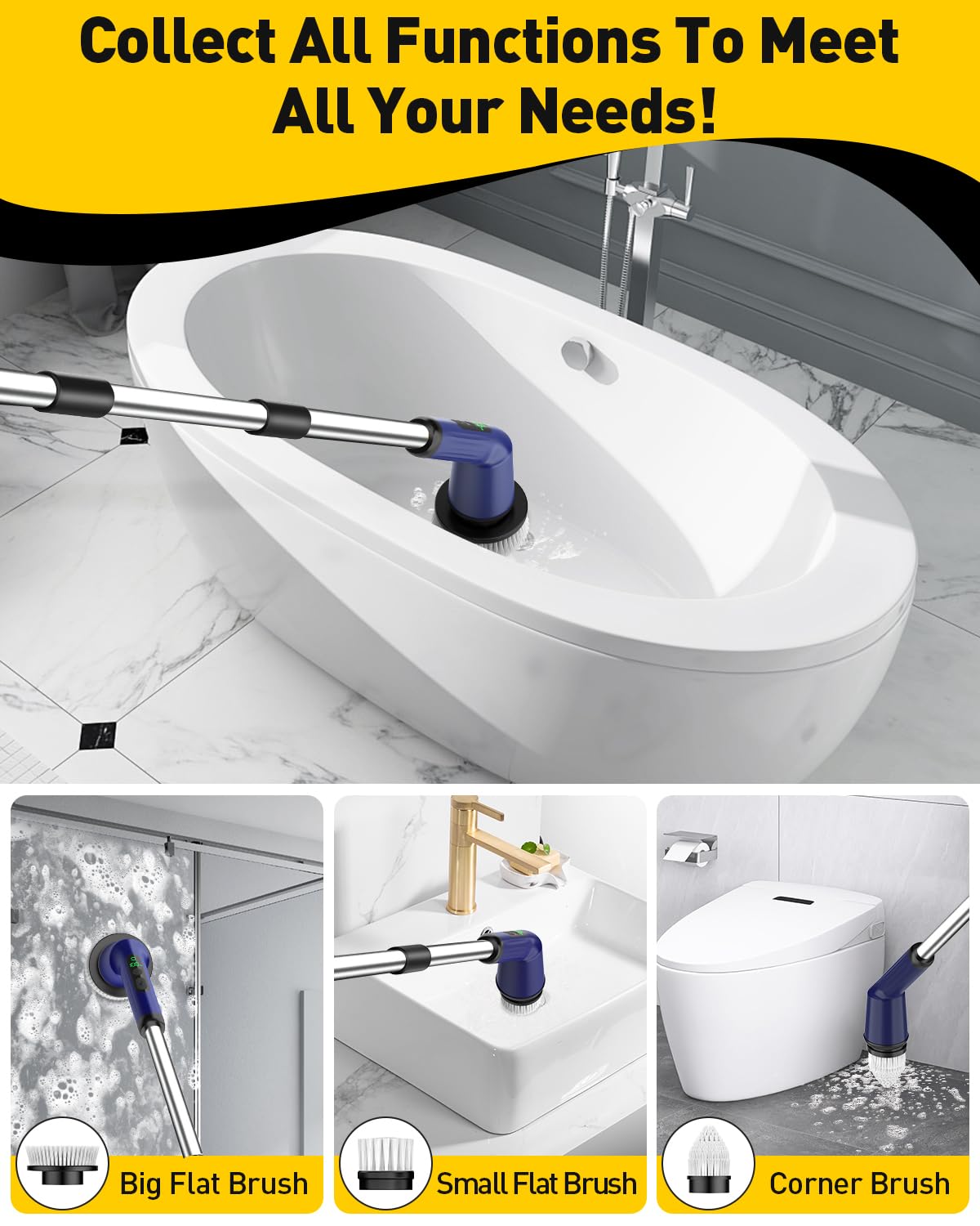Shower Scrubber with Long Handle, Shower Cleaner Brush with 8 Floor Machine Pads, Cordless Electric Spin Scrubber for Cleaning with 2 Speed, Cleaning Supplies for Bathroom Bathtub Kitchen Floor Tile