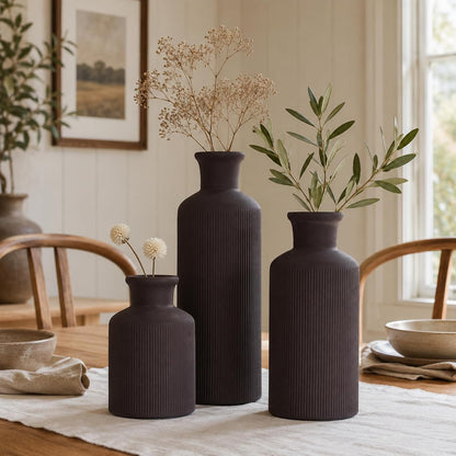 Ceramic Vase Set of 3 – Small Flower Vases, Modern Farmhouse Boho Flower Vases for Home Decor, Rustic Pottery Vases for Centerpieces, Living Room, Shelf, Fireplace, Entryway Decor, Table or Cabinet