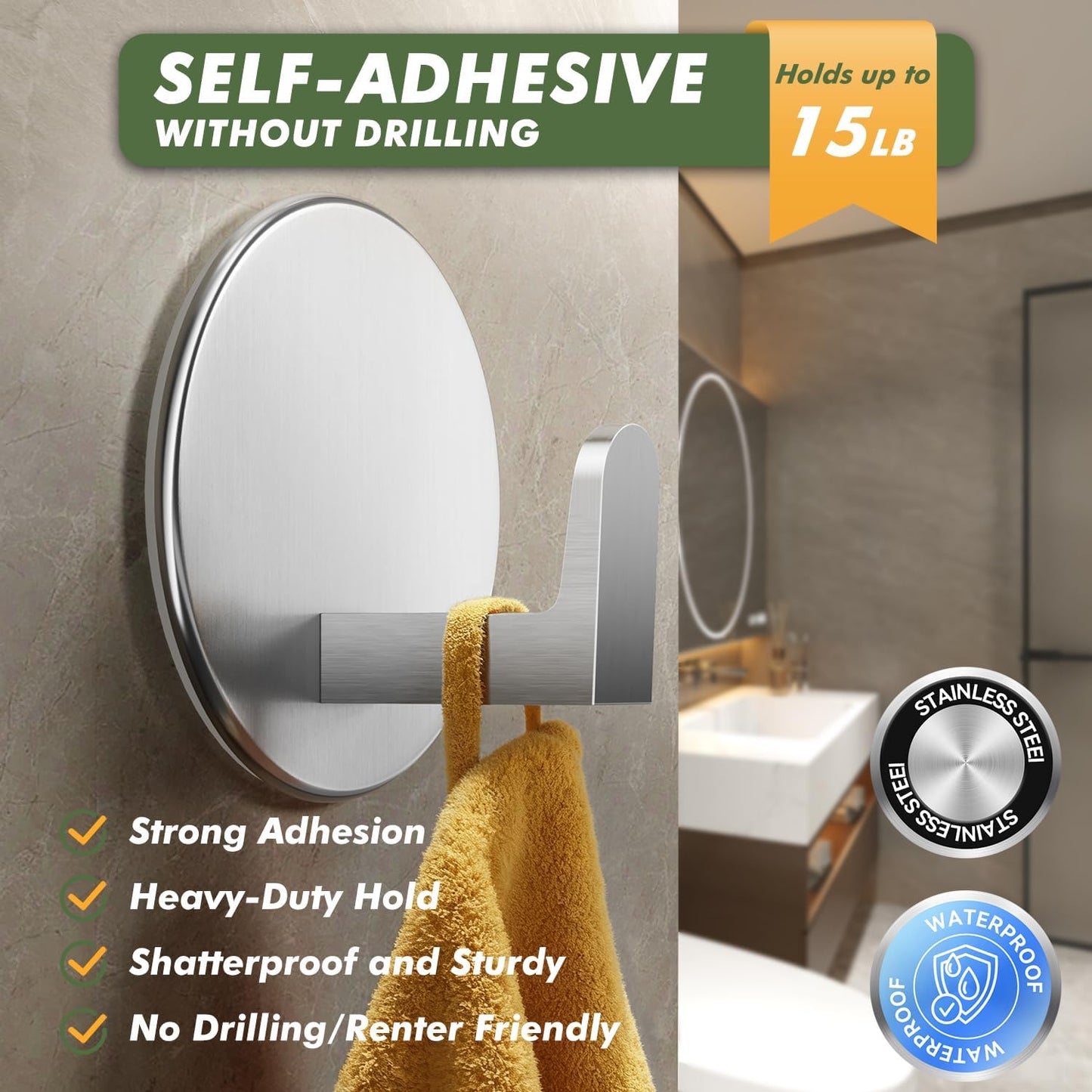 Auxmir Adhesive Towel Hooks, 5 Pack Heavy Duty Wall Hooks 15lb Max, No Drilling Sticky Hooks for Bathroom Shower Kitchen, Waterproof Rustproof Stainless Steel Hooks for Towels, Robes, Coats, Silver