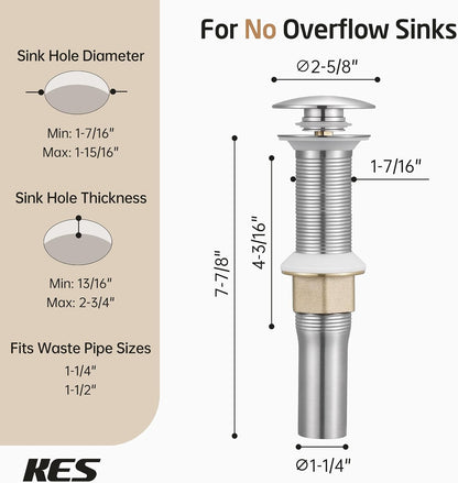 KES All Metal Bathroom Sink Drain with Strainer Basket Hair Catcher Anti Clog Pop Up Drain Stopper for Vanity Vessel Sink with Overflow, Rustproof 18/8 Stainless Steel Polished Chrome S2013A-CH