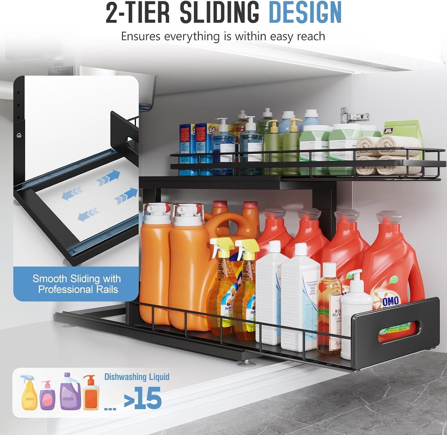 Under Sink Organizer Upgrade To Professional Rails,2-Tier Dual Pull Out Cabinet Storage,Height Adjustable Slide Out Drawers For Bathroom Kitchen,2 Pack-14.5" Dx12.8-16.9" H,White