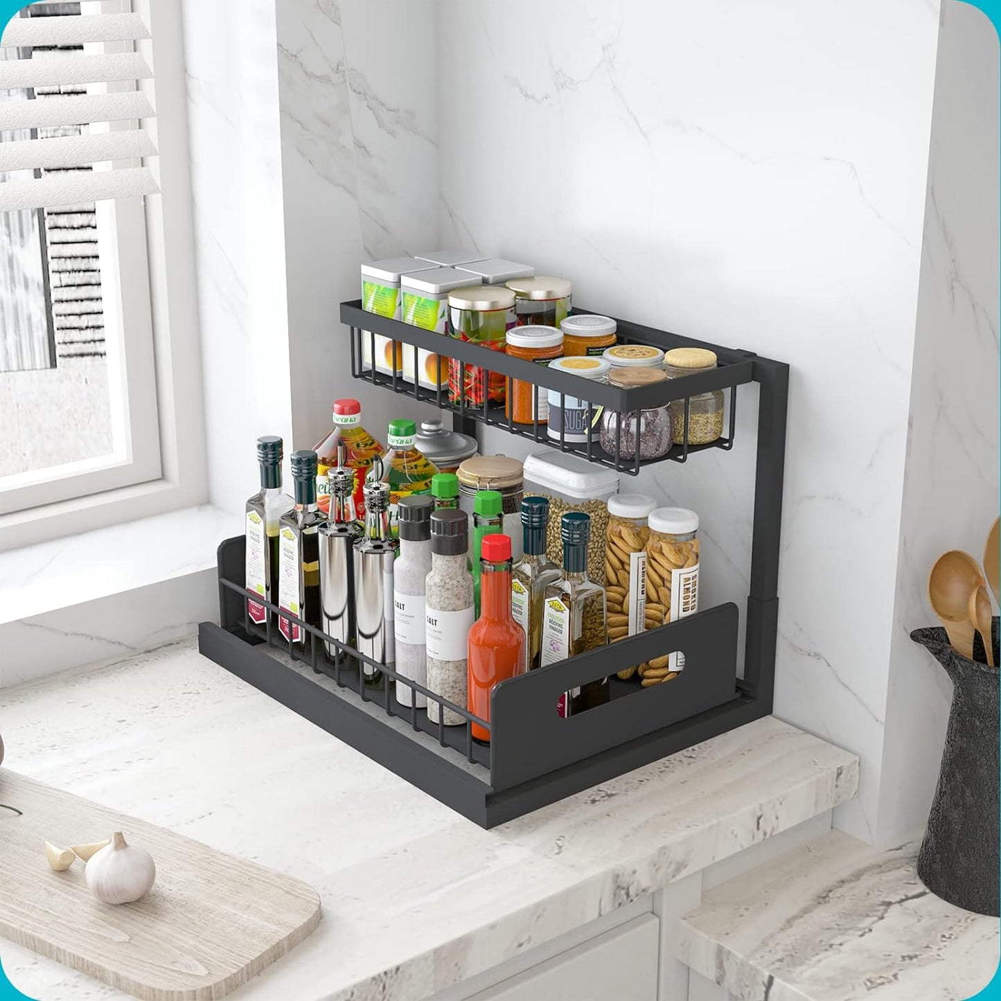 REALINN Under Sink Organizer, Pull Out Cabinet Organizer, 2 Tier Metal Slide Out Shelf with L Shaped Design for Kitchen, Bathroom, Laundry, and Utility Cabinet Storage for Deep Cabinets, White, 2 Pack
