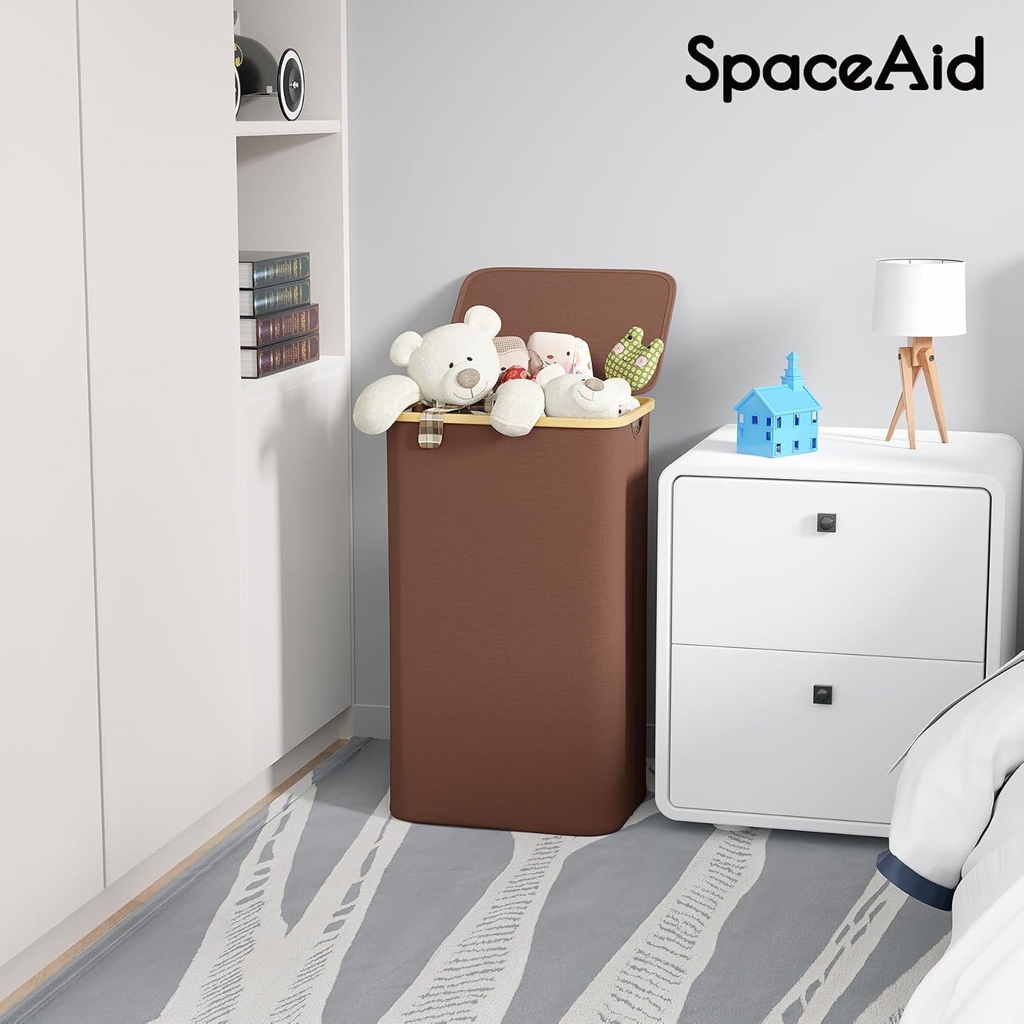 SpaceAid Double Laundry Hamper 2 Section with Lid and Removable Laundry Bags, 160L Clothes Basket with Bamboo Handles, Large Collapsible Hamper for Bedroom, Bathroom, Dorm, Laundry Room - White