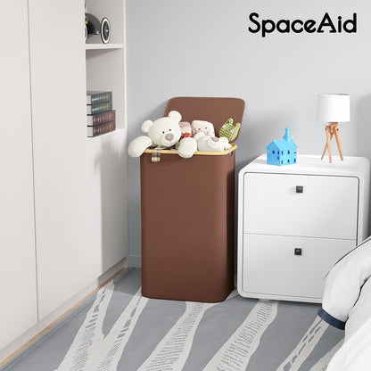 SpaceAid Double Laundry Hamper 2 Section with Lid and Removable Laundry Bags, 160L Clothes Basket with Bamboo Handles, Large Collapsible Hamper for Bedroom, Bathroom, Dorm, Laundry Room - White