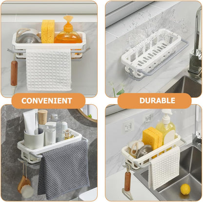IMIKEYA Kitchen Retractable Dishcloth Holder Wall-mounted Rag Shelf White 210g No-drill Sponge Rack for Sink Organization Home Cleaning Supplies