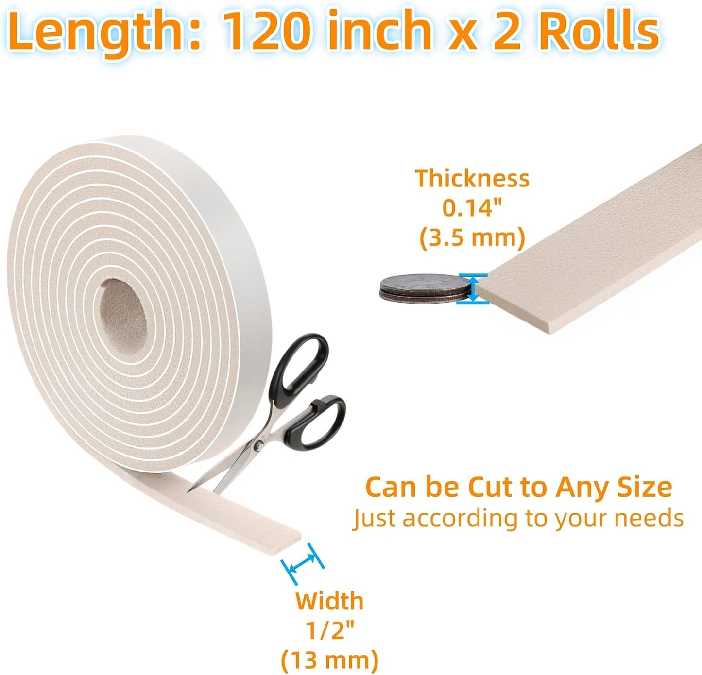 Furnigear Felt Strips with Adhesive Backing Heavy Duty Cuttable Felt Tape Roll Furniture Pads for Chair Legs - Protecting Hardwood Floors, Chair Wall Protector (Black, 80 x 0.5 x 0.14 Inch)
